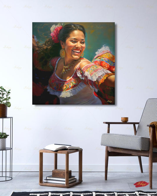 Mexican Folklorico Dancer Canvas Wall Art, Colorful Latina Woman Framed Canvas Print, Traditional Fiesta Oil Painting, Living Room Decor
