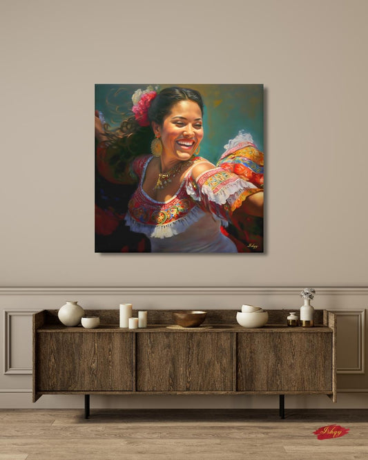 Mexican Folklorico Dancer Wall Art Print Canvas Framed Canvas, Colorful Latina Portrait Painting, Fiesta Decor for Living Room Bedroom Boho. mexican wall art, latina wall art, folklorico dancer, latina portrait, fiesta wall decor, mexican woman art, colorful portrait, art print, canvas wall art, framed canvas, living room decor, mexican folk art, traditional dress