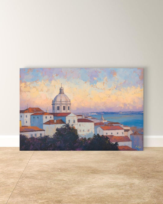 Lisbon Portugal Cityscape Painting Canvas Framed Canvas, Alfama Rooftops Skyline Art Print, European Coastal Wall Art For Living Room Decor