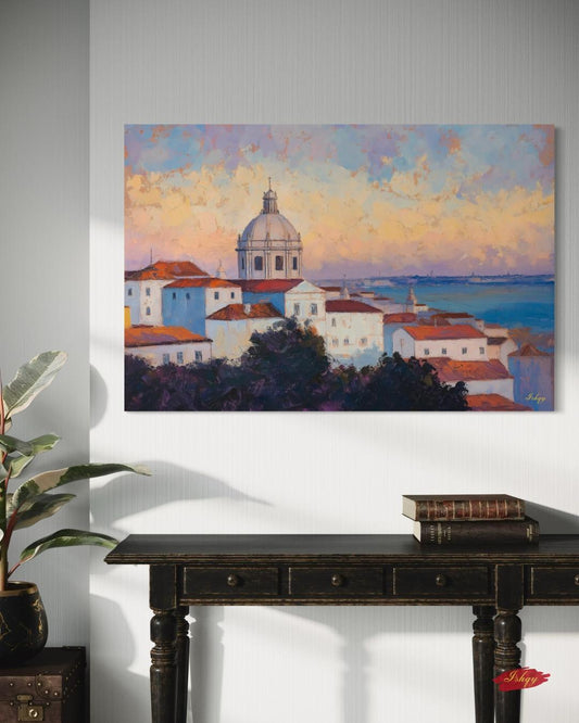 Lisbon Portugal Cityscape Painting Canvas Framed Canvas, Alfama Rooftops Skyline Art Print, European Coastal Wall Art For Living Room Decor
