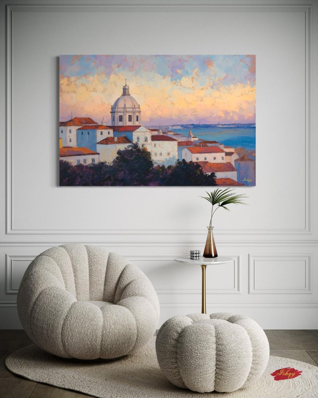 Lisbon Portugal Cityscape Painting Canvas Framed Canvas, Alfama Rooftops Skyline Art Print, European Coastal Wall Art For Living Room Decor