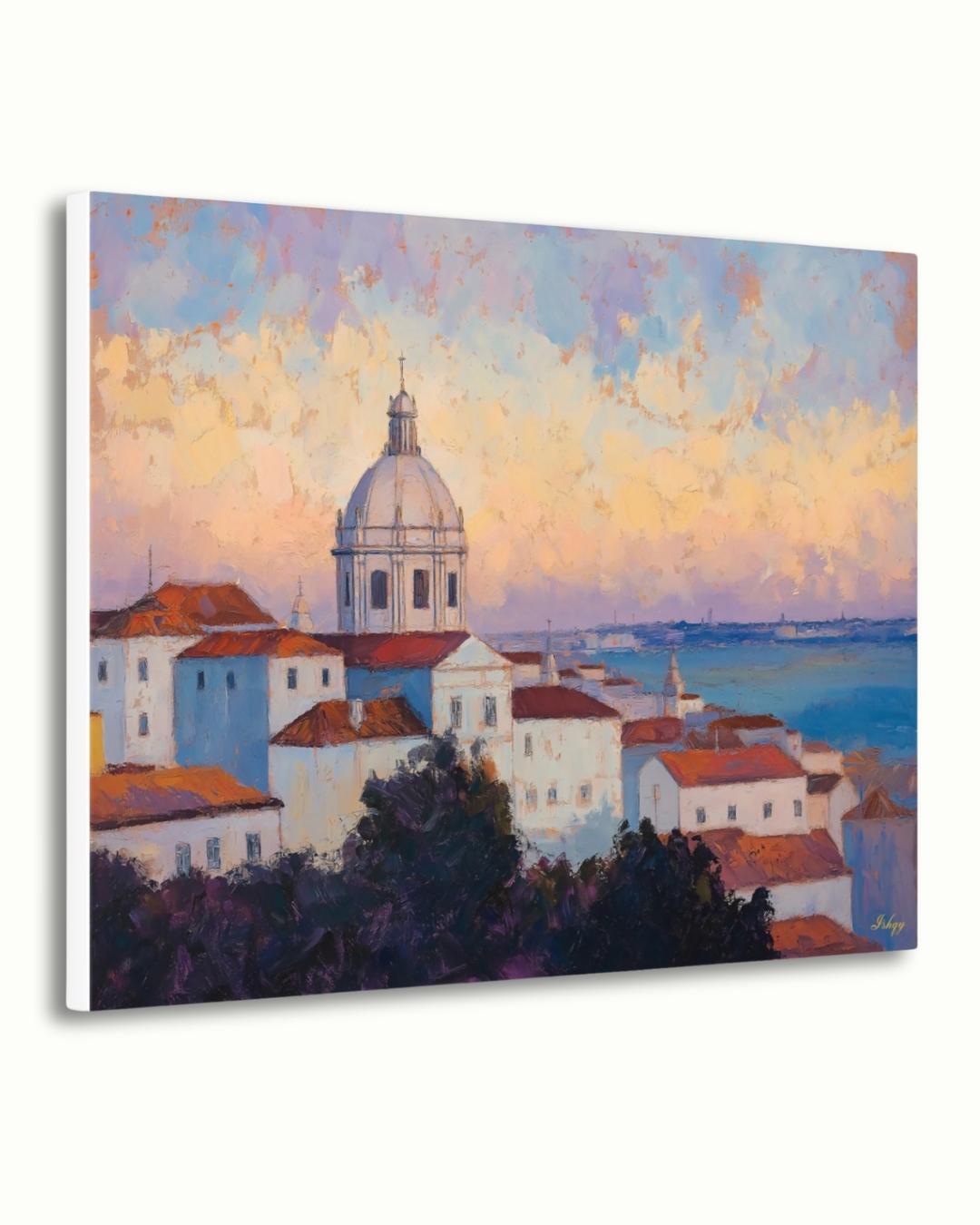 Lisbon Portugal Cityscape Painting Canvas Framed Canvas, Alfama Rooftops Skyline Art Print, European Coastal Wall Art For Living Room Decor