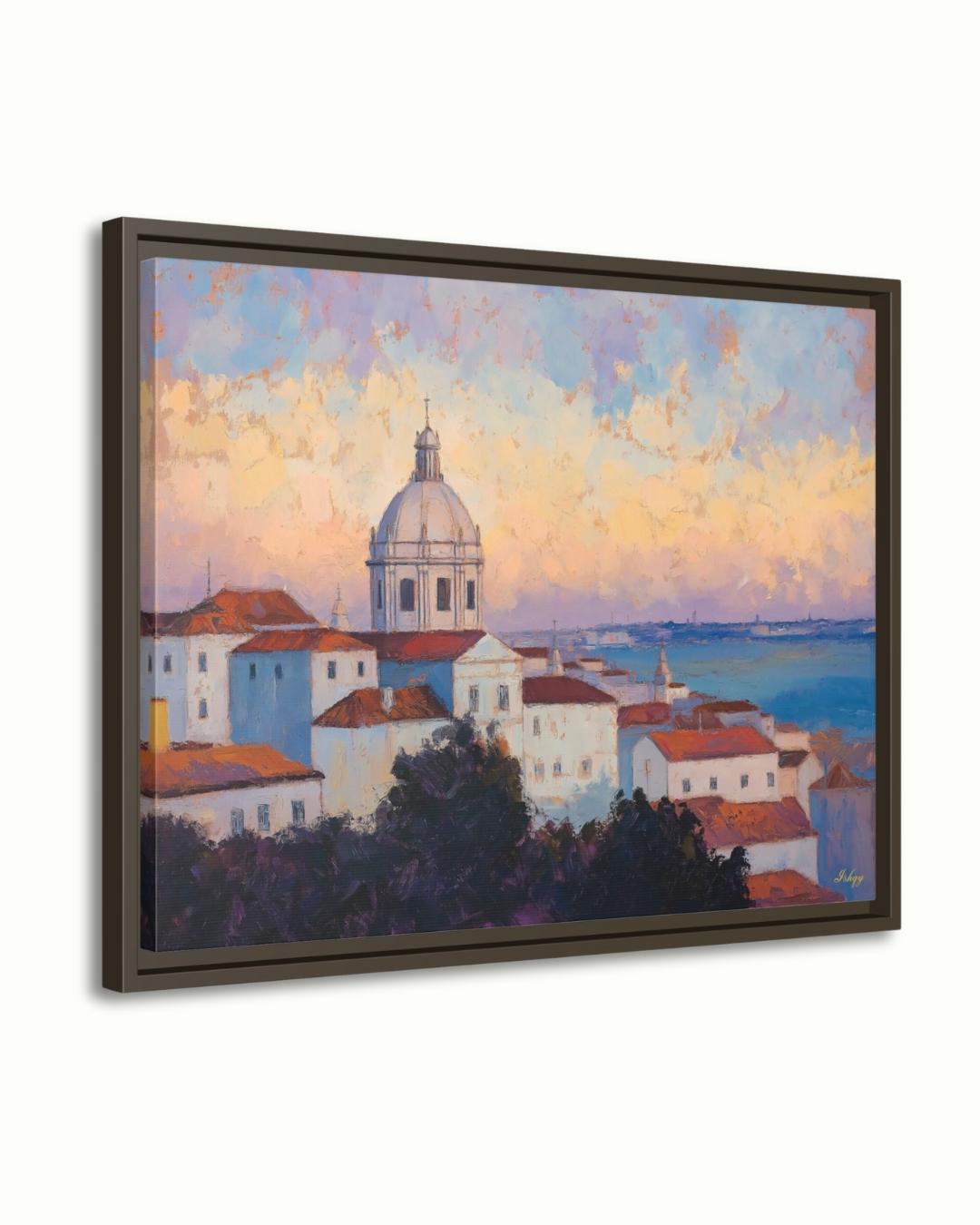 Lisbon Portugal Cityscape Painting Canvas Framed Canvas, Alfama Rooftops Skyline Art Print, European Coastal Wall Art For Living Room Decor