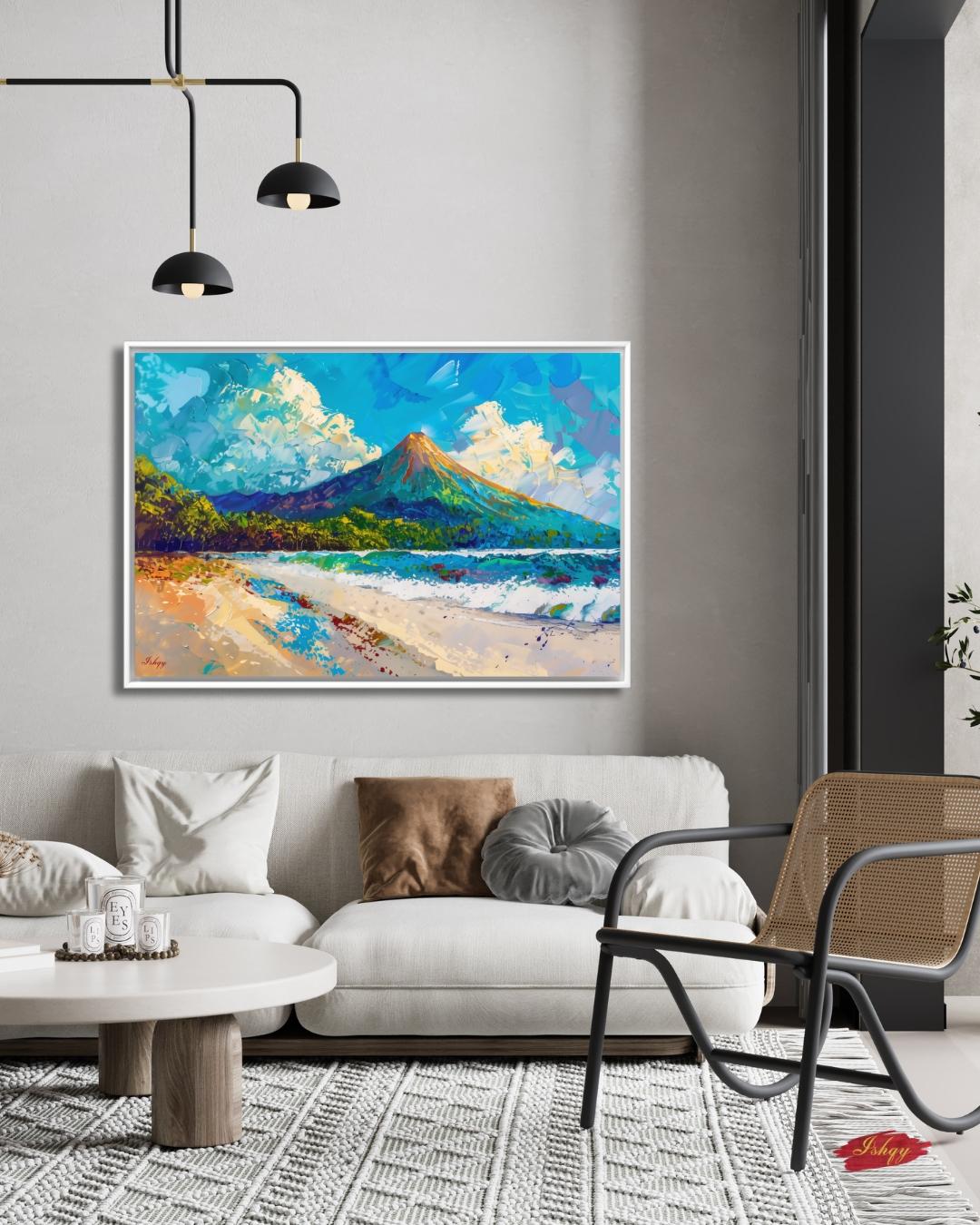 Arenal Volcano Costa Rica Wall Art Canvas Print, Tropical Beach Landscape Painting, Boho Coastal Home Decor, Living Room Artwork, Art Prints
