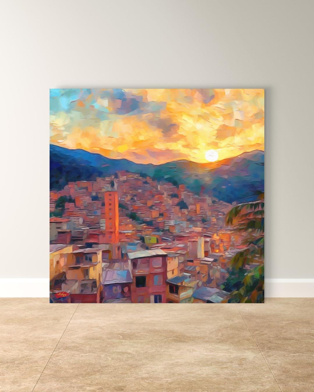 Medellin Cityscape Painting Canvas Framed Canvas, Sunset Skyline Art Print, Colombia Wall Art For Living Room, Modern City Wall Decor, Home