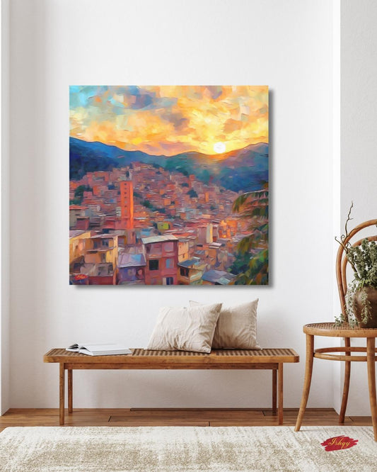 Medellin Cityscape Painting Canvas Framed Canvas, Sunset Skyline Art Print, Colombia Wall Art For Living Room, Modern City Wall Decor, Home