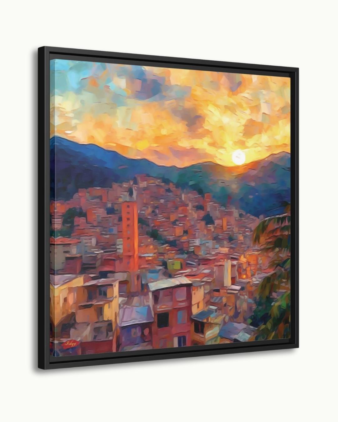 Medellin Cityscape Painting Canvas Framed Canvas, Sunset Skyline Art Print, Colombia Wall Art For Living Room, Modern City Wall Decor, Home