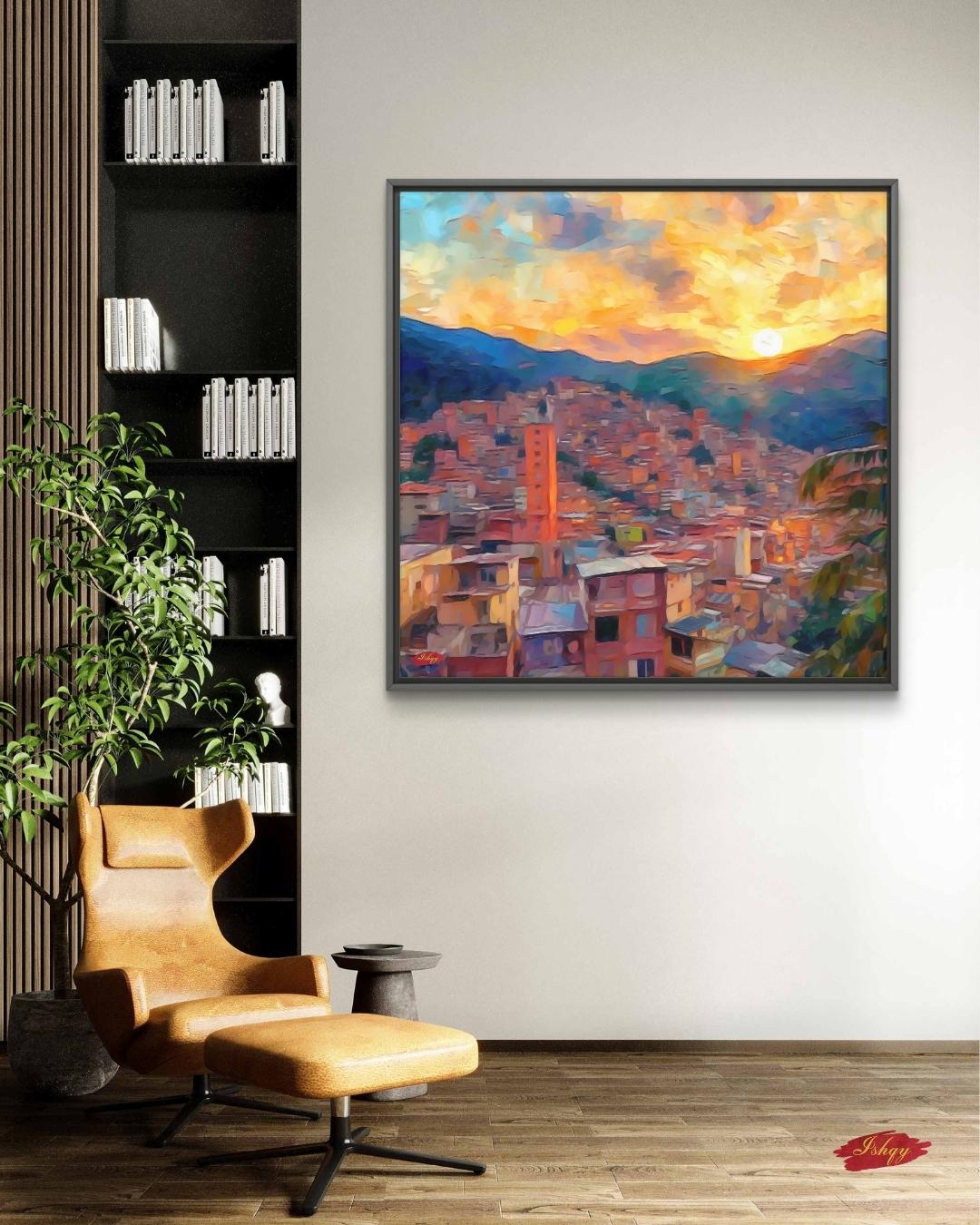 Medellin Cityscape Painting Canvas Framed Canvas, Sunset Skyline Art Print, Colombia Wall Art For Living Room, Modern City Wall Decor, Home