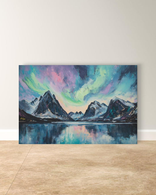 Northern Lights Painting Print, Canvas & Framed Canvas Aurora Borealis Wall Art, Arctic Mountain Landscape Home Decor Art Print