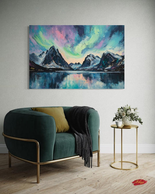 Northern Lights Painting Print, Canvas & Framed Canvas Aurora Borealis Wall Art, Arctic Mountain Landscape Home Decor Art Print
