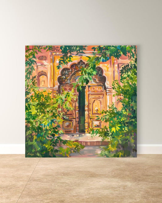 Jaipur Doorway Wall Art Print, Canvas, Framed Canvas, Rajasthan Palace Entrance with Lush Greens, Boho Vintage Indian Decor for Living Room