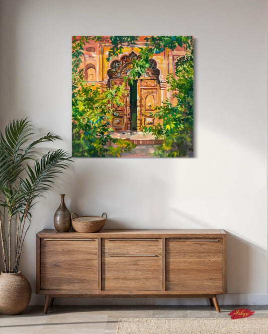 Jaipur Doorway Wall Art Print, Canvas, Framed Canvas, Rajasthan Palace Entrance with Lush Greens, Boho Vintage Indian Decor for Living Room