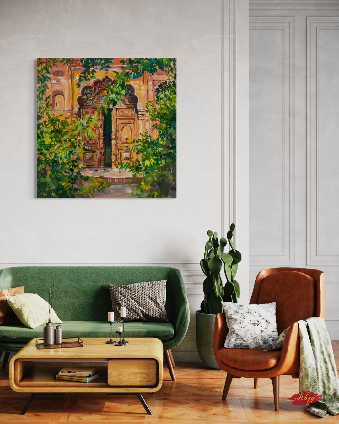 Jaipur Doorway Wall Art Print, Canvas, Framed Canvas, Rajasthan Palace Entrance with Lush Greens, Boho Vintage Indian Decor for Living Room