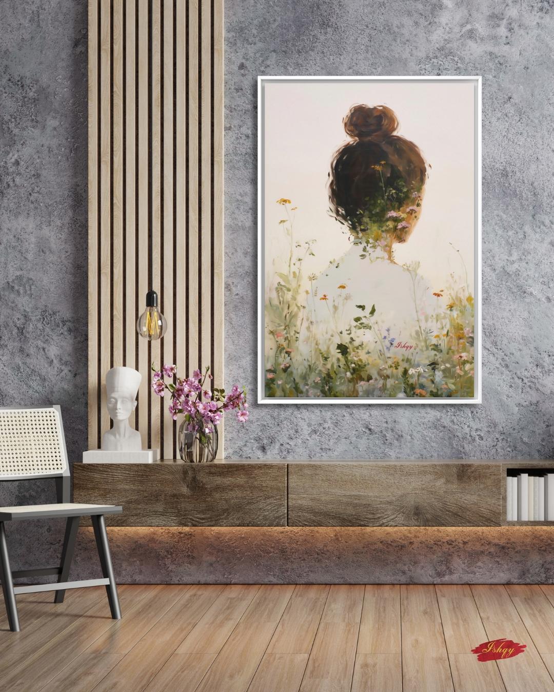 Woman Floral Wall Art, Back View Portrait Painting, Botanical Woman Canvas Art, Feminine Wall Decor, Neutral Home Art, Modern Nature Artwork