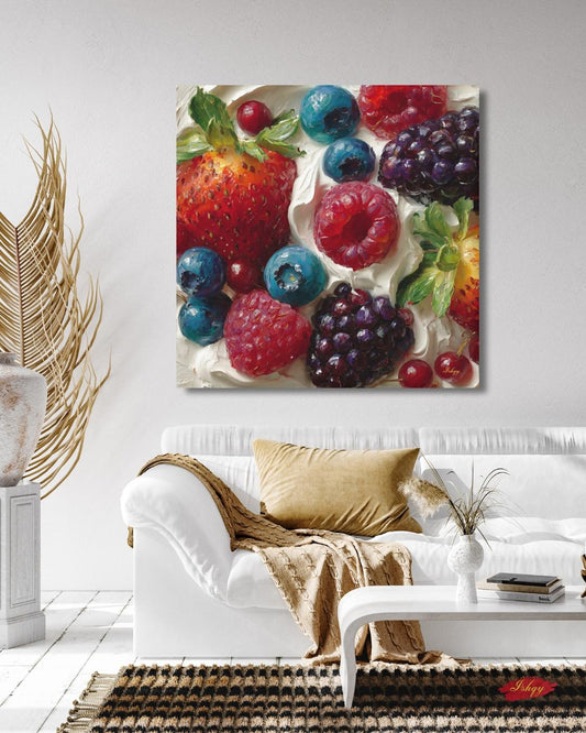 Berry Dessert Wall Art Oil Painting, Strawberry Raspberry Blueberry Still Life, Creamy Food Art Canvas, Kitchen Wall Decor