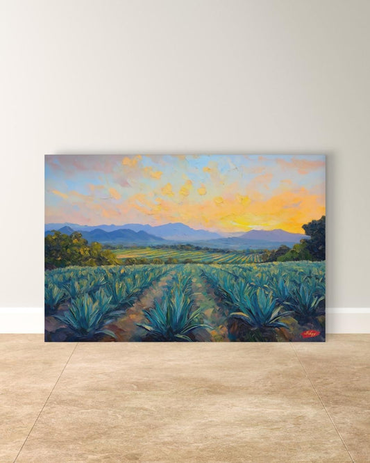 Blue Agave Dawn art print of Jalisco’s agave fields at sunrise. Canvas & framed canvas painting print for cultural Mexican-inspired home decor.