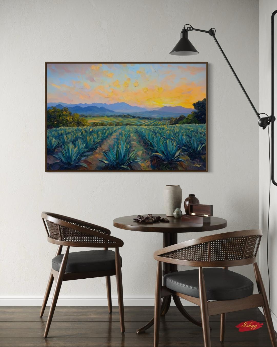 Blue Agave Dawn art print of Jalisco’s agave fields at sunrise. Canvas & framed canvas painting print for cultural Mexican-inspired home decor.