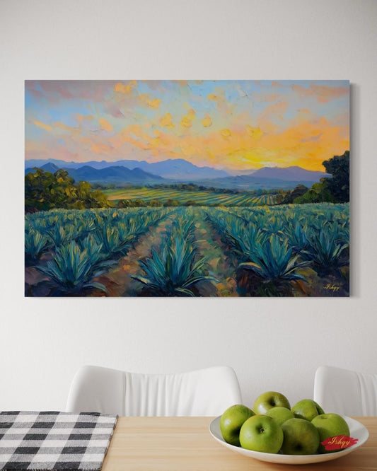 Blue Agave Dawn art print of Jalisco’s agave fields at sunrise. Canvas & framed canvas painting print for cultural Mexican-inspired home decor.