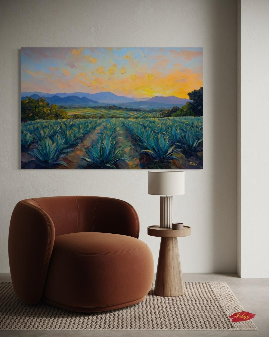 Blue Agave Dawn art print of Jalisco’s agave fields at sunrise. Canvas & framed canvas painting print for cultural Mexican-inspired home decor.