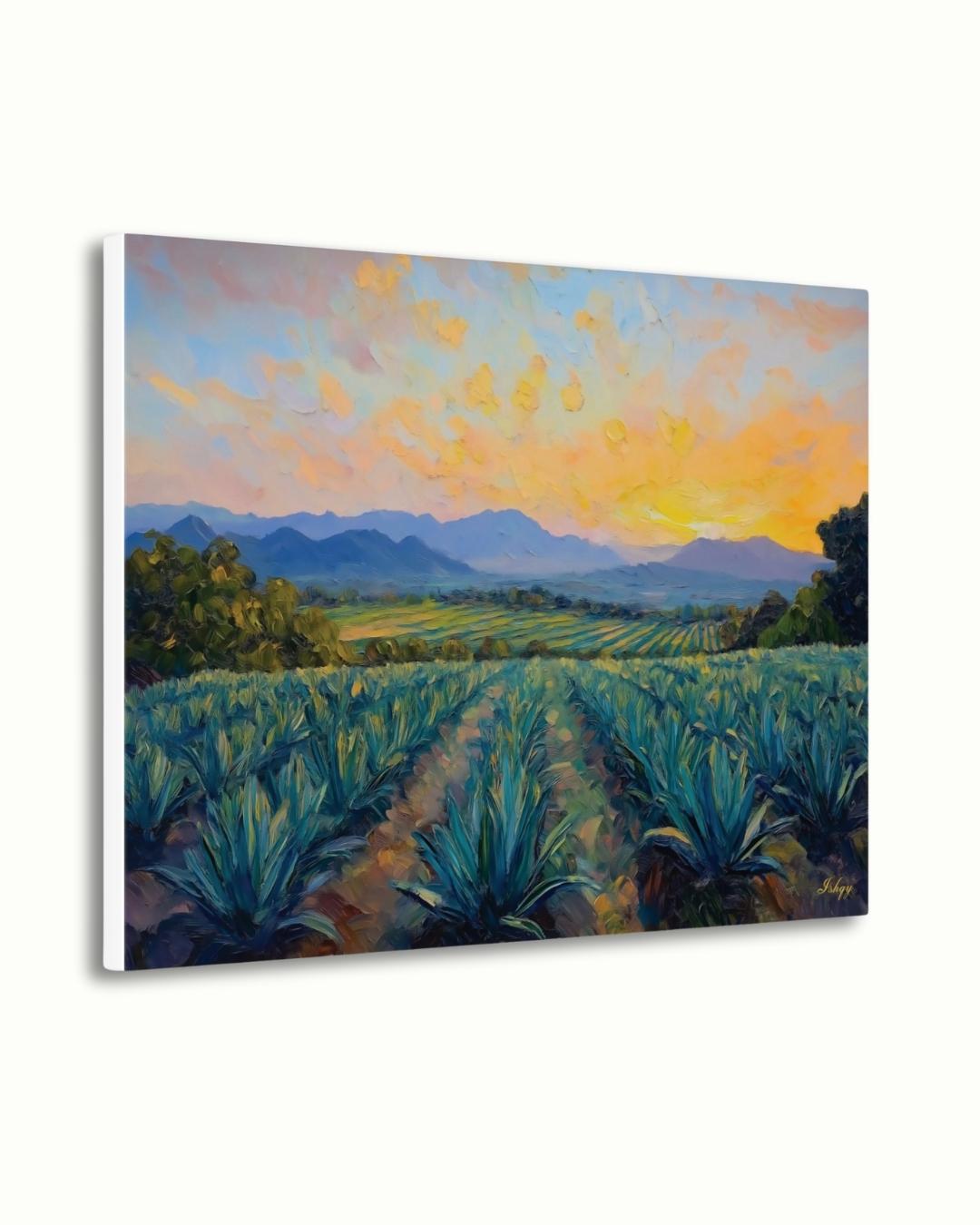 Blue Agave Dawn art print of Jalisco’s agave fields at sunrise. Canvas & framed canvas painting print for cultural Mexican-inspired home decor.
