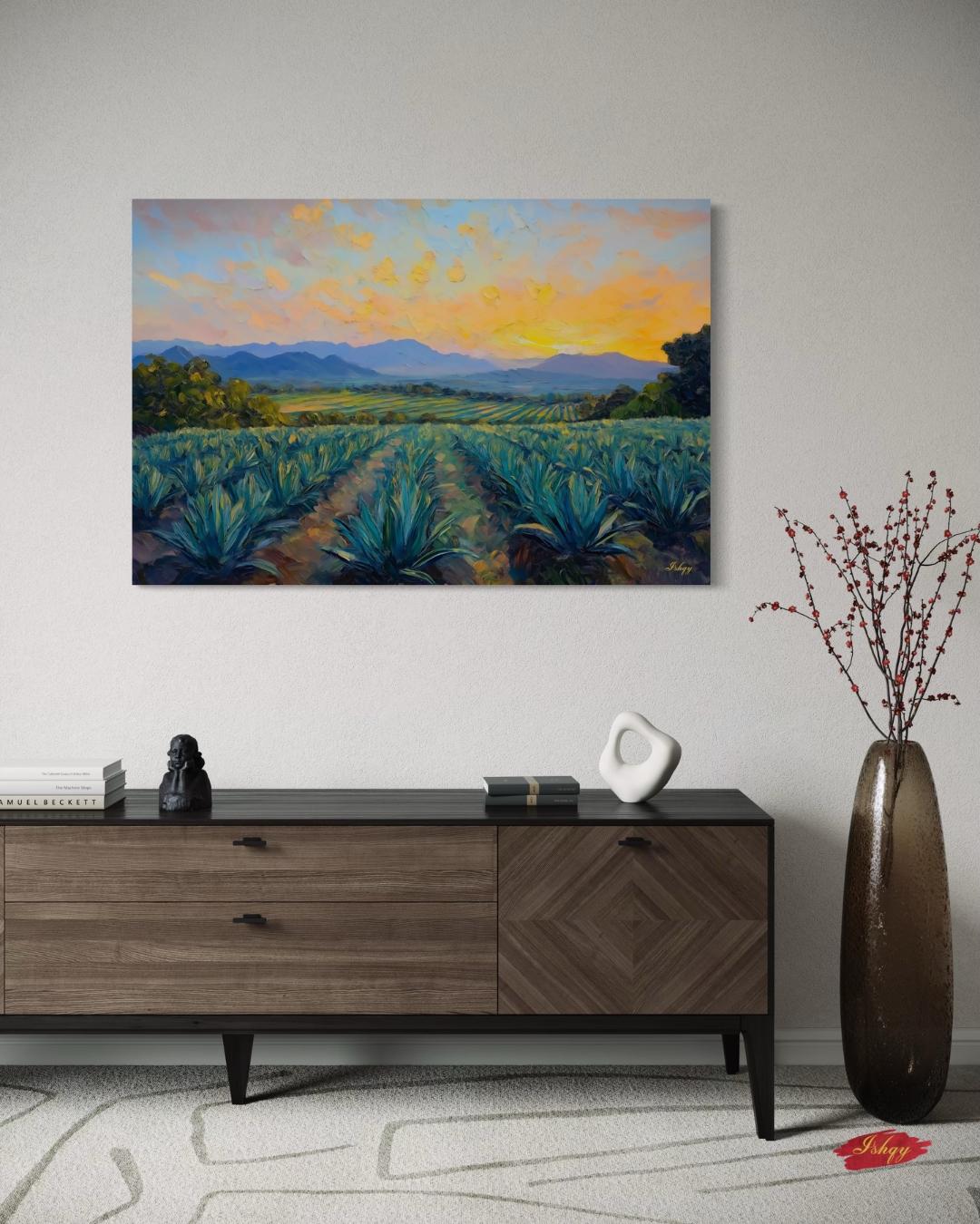 Blue Agave Dawn art print of Jalisco’s agave fields at sunrise. Canvas & framed canvas painting print for cultural Mexican-inspired home decor.