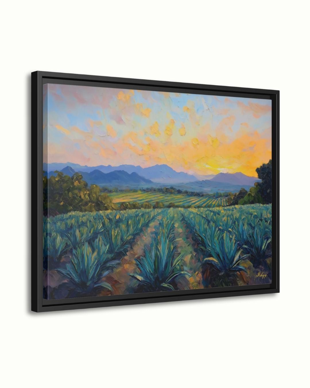 Blue Agave Dawn art print of Jalisco’s agave fields at sunrise. Canvas & framed canvas painting print for cultural Mexican-inspired home decor.