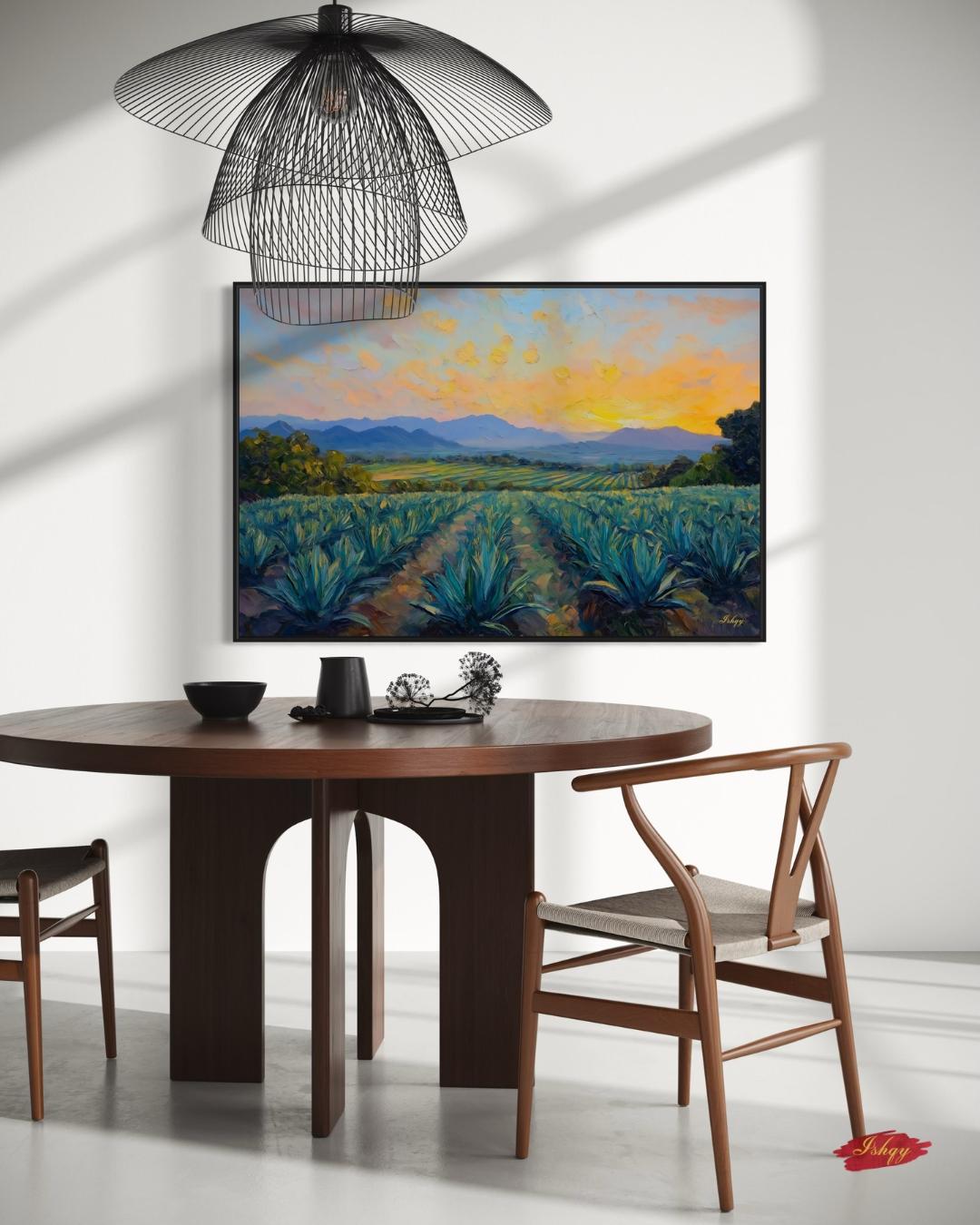 Blue Agave Dawn art print of Jalisco’s agave fields at sunrise. Canvas & framed canvas painting print for cultural Mexican-inspired home decor.