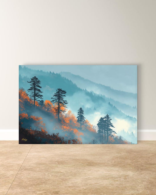 Great Smoky Mountains Wall Art Print Canvas Framed Canvas, Misty Forest Pine Trees Landscape Painting, Rustic Cabin Living Room Nature Decor