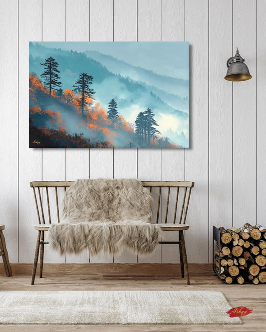 Great Smoky Mountains Wall Art Print Canvas Framed Canvas, Misty Forest Pine Trees Landscape Painting, Rustic Cabin Living Room Nature Decor