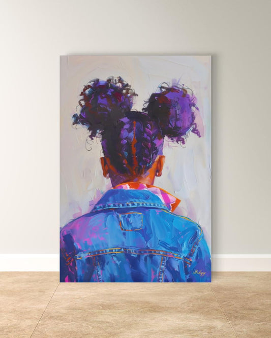 Afro Puff Portrait Painting Print, Canvas Framed Canvas, Black Girl With Braids In Denim Art, Wall Art For Bedroom, Nursery, Living Room