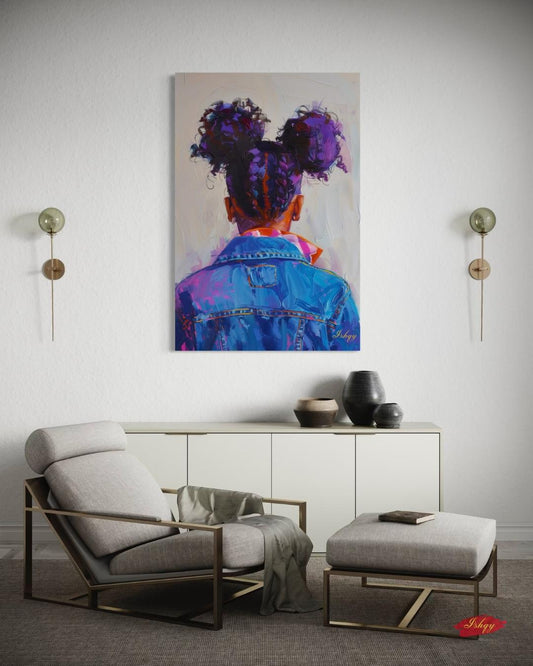 Afro Puff Portrait Painting Print, Canvas Framed Canvas, Black Girl With Braids In Denim Art, Wall Art For Bedroom, Nursery, Living Room