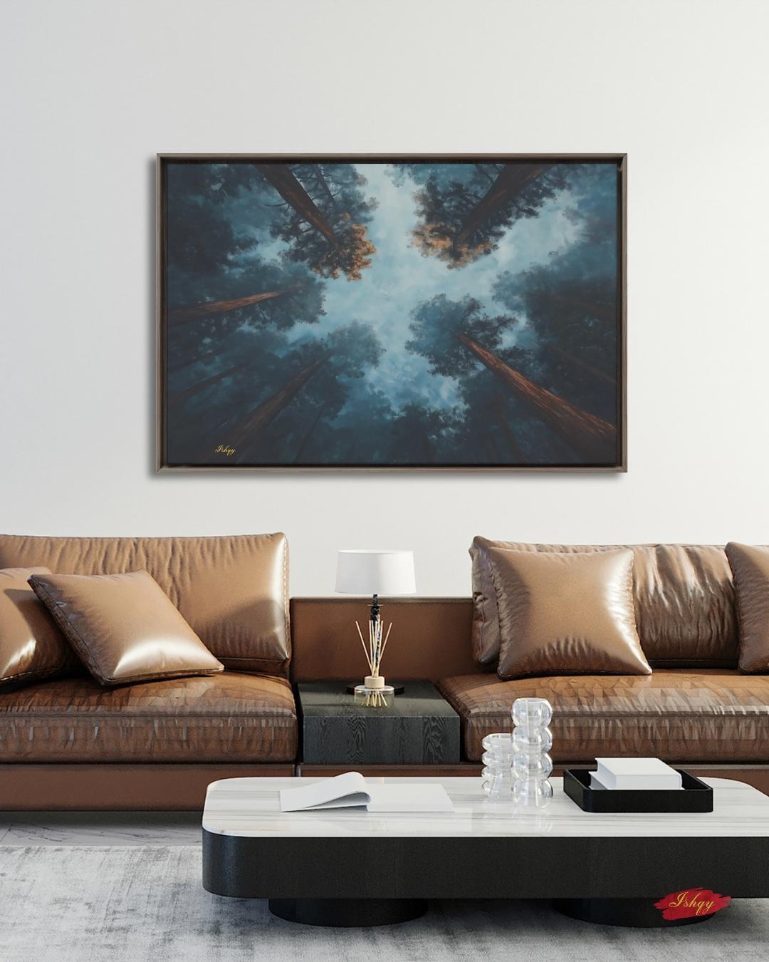 Forest Wall Art, Looking Up Trees Canvas, Misty Redwood Canopy Print, Moody Pine Sky View, Nature Landscape Decor, Large Wall Art Gift Print