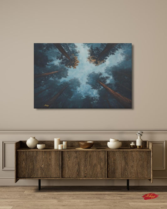 Forest Wall Art, Looking Up Trees Canvas, Misty Redwood Canopy Print, Moody Pine Sky View, Nature Landscape Decor, Large Wall Art Gift Print