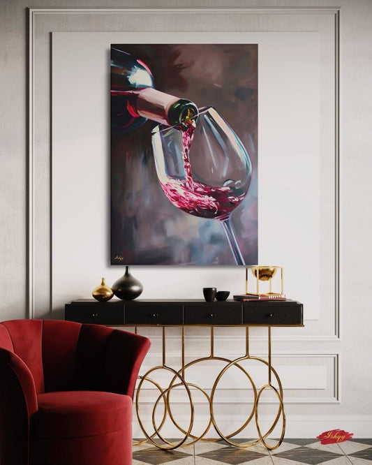 Red Wine Pouring Wall Art Print, Canvas, Framed Canvas, Large Wine Glass Painting for Modern Kitchen Bar Dining Room Decor, Wine Lover Gift