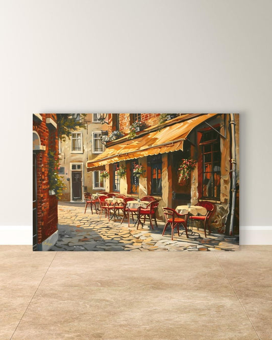 European Cafe Street Wall Art Print, Canvas, Framed Canvas, Rustic Vintage Parisian Bistro, Old Town Cobblestone Alley, Kitchen Dining Decor