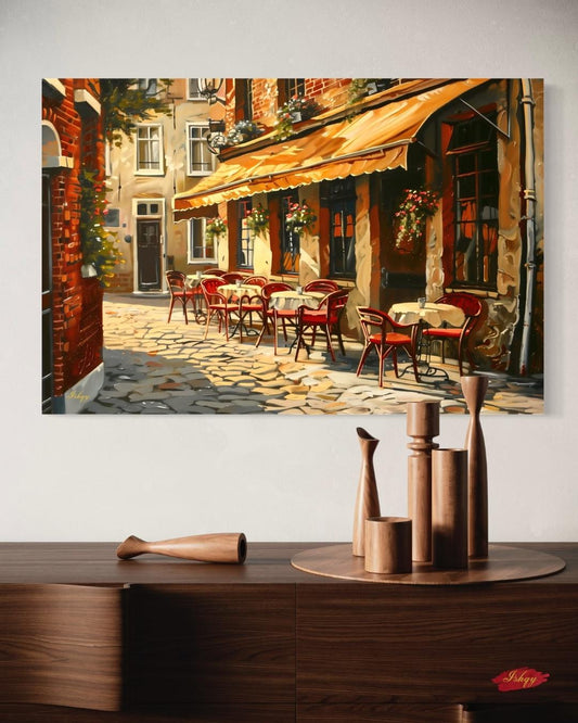 European Cafe Street Wall Art Print, Canvas, Framed Canvas, Rustic Vintage Parisian Bistro, Old Town Cobblestone Alley, Kitchen Dining Decor