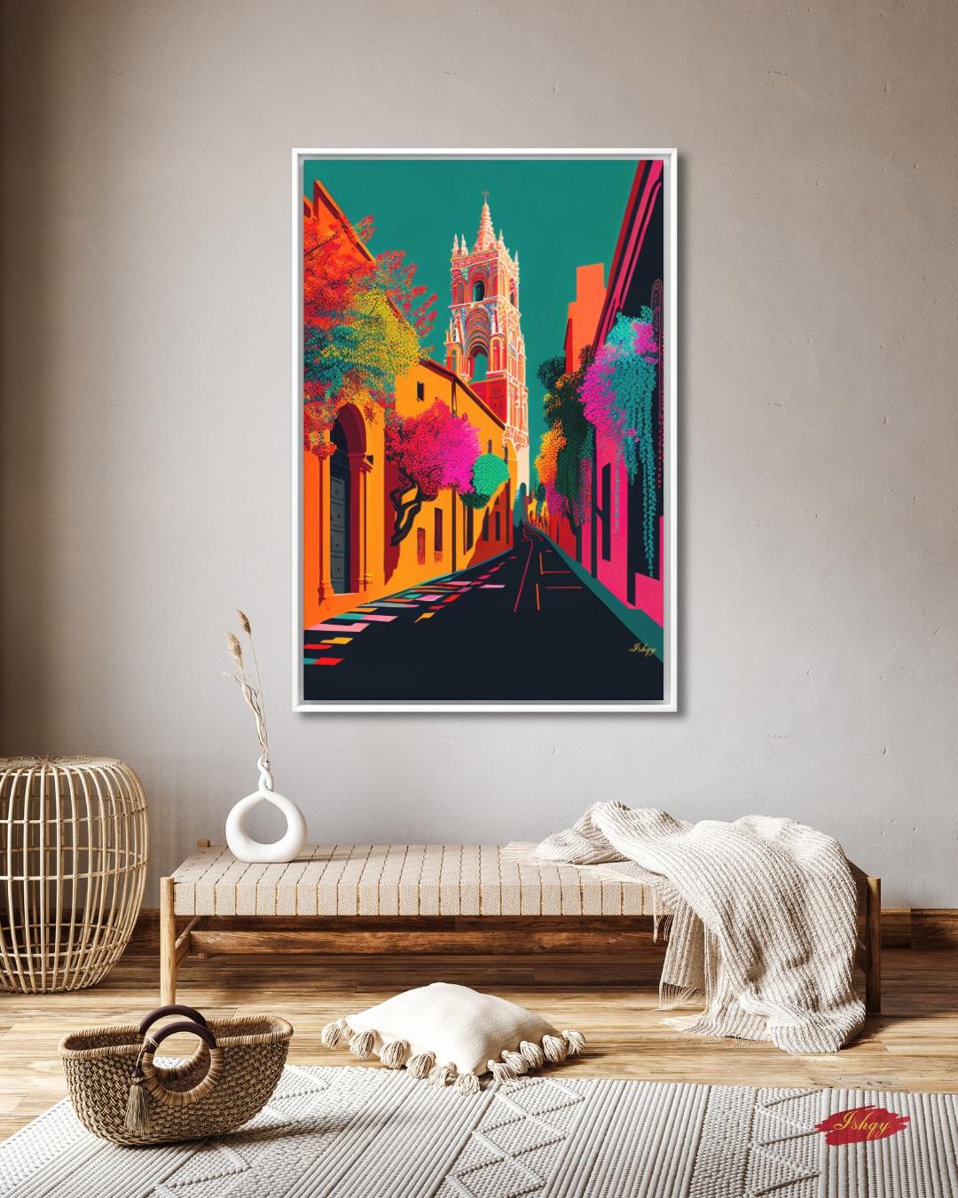 San Miguel de Allende Wall Art, Colorful Mexico Street Canvas Painting, Vibrant Colonial Architecture Artwork for Home Decor