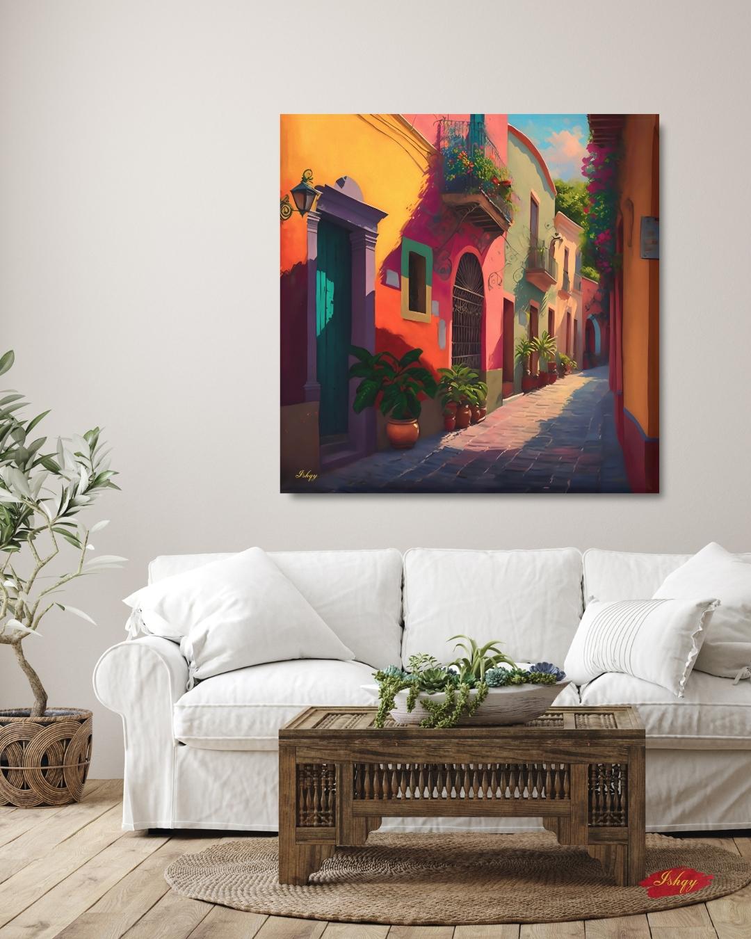 Mexican Village Street Wall Art Print, Canvas, Framed Canvas, Colorful Colonial Alley Mexico Cityscape Painting for Living Room Home Decor