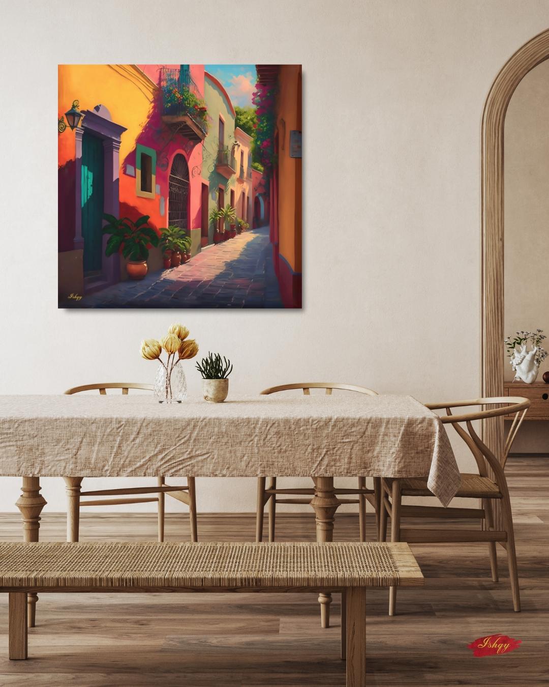 Mexican Village Street Wall Art Print, Canvas, Framed Canvas, Colorful Colonial Alley Mexico Cityscape Painting for Living Room Home Decor
