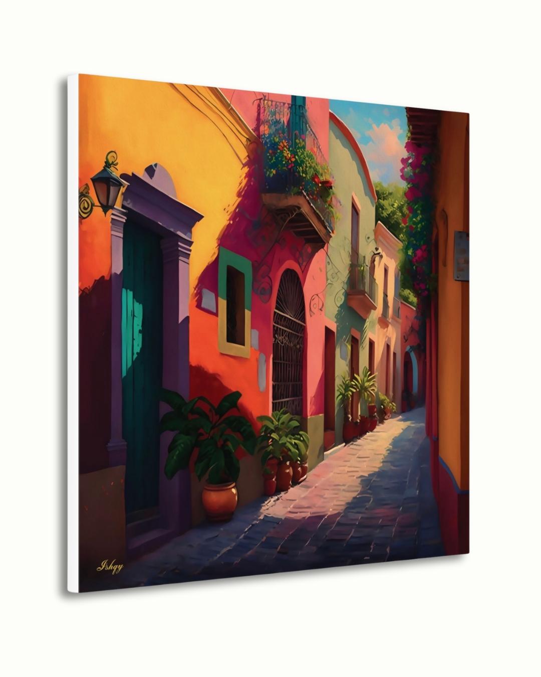 Mexican Village Street Wall Art Print, Canvas, Framed Canvas, Colorful Colonial Alley Mexico Cityscape Painting for Living Room Home Decor