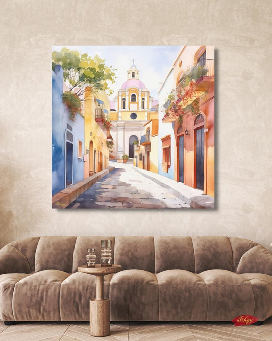 El Salvador Canvas Wall Art, Colorful Colonial Town Framed Canvas Print, Watercolor Latin American Cityscape Painting, Living Room Decor