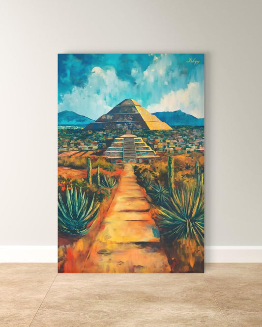 Great Pyramid Of Cholula Painting Canvas Framed Canvas, Mexico Landscape Art Print, Puebla Wall Art, Desert Agave Decor For Living Room
