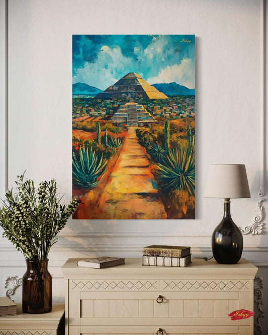 Great Pyramid Of Cholula Painting Canvas Framed Canvas, Mexico Landscape Art Print, Puebla Wall Art, Desert Agave Decor For Living Room