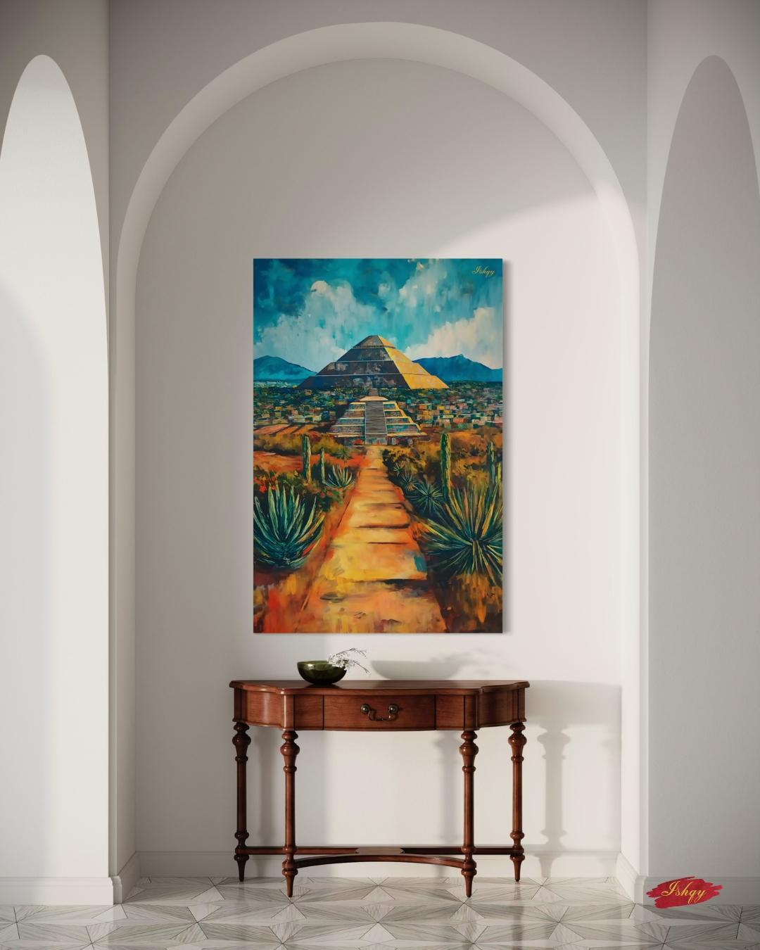 Great Pyramid Of Cholula Painting Canvas Framed Canvas, Mexico Landscape Art Print, Puebla Wall Art, Desert Agave Decor For Living Room