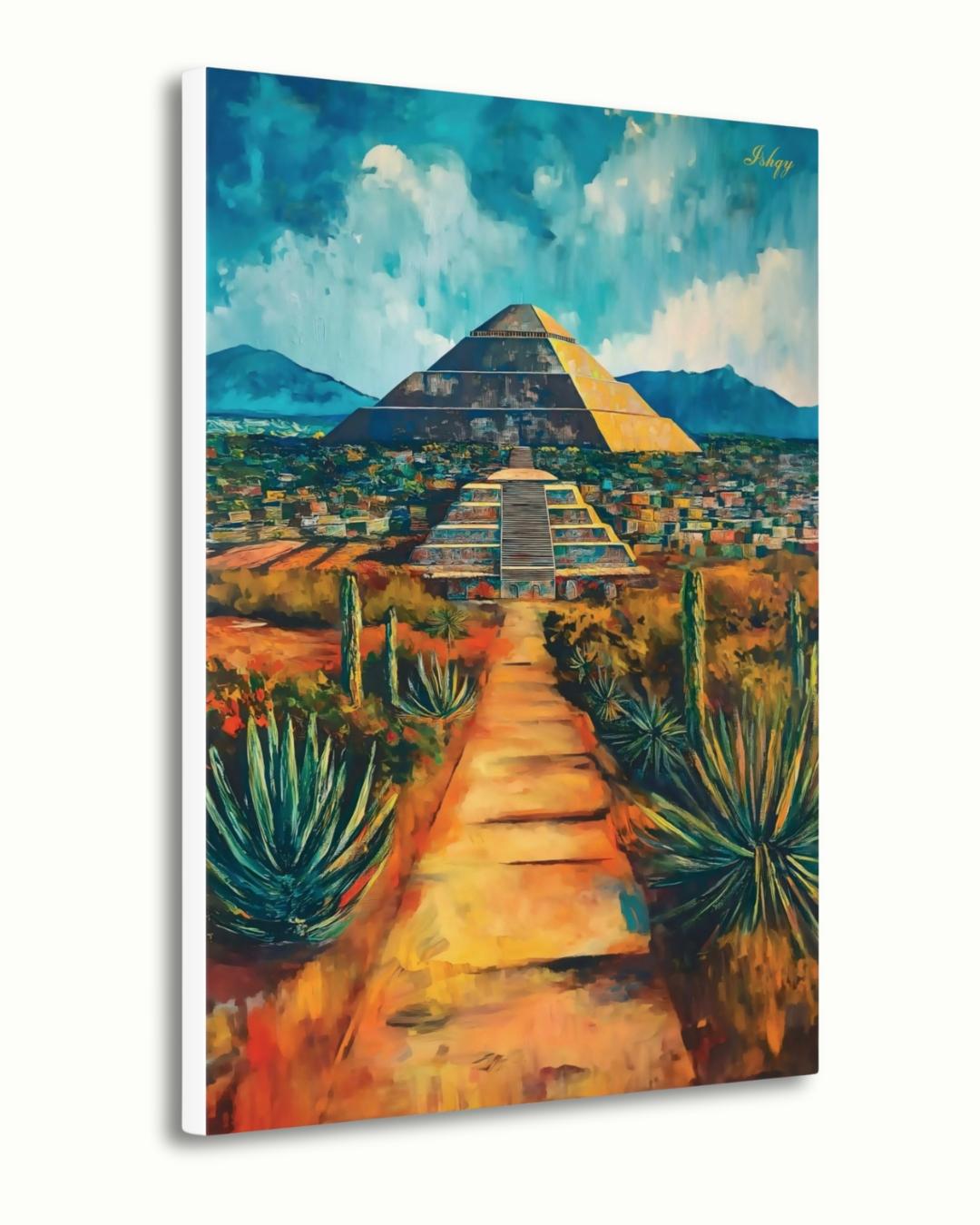 Great Pyramid Of Cholula Painting Canvas Framed Canvas, Mexico Landscape Art Print, Puebla Wall Art, Desert Agave Decor For Living Room