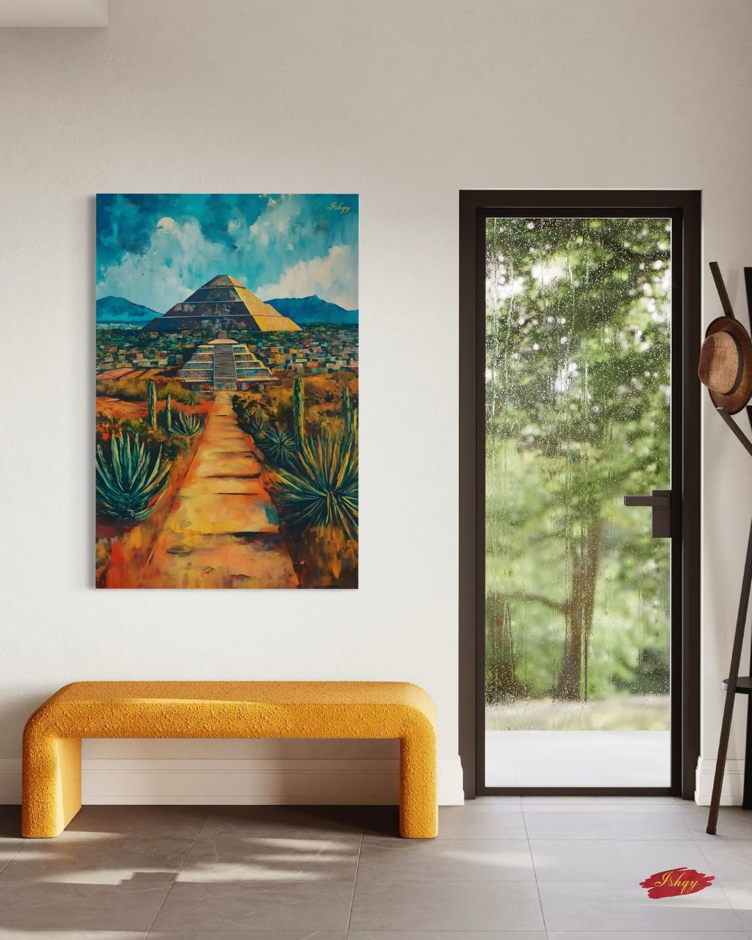 Great Pyramid Of Cholula Painting Canvas Framed Canvas, Mexico Landscape Art Print, Puebla Wall Art, Desert Agave Decor For Living Room