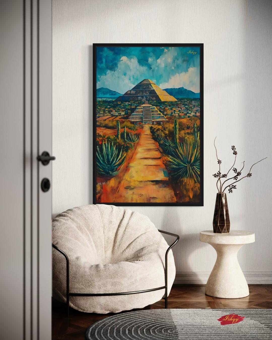 Great Pyramid Of Cholula Painting Canvas Framed Canvas, Mexico Landscape Art Print, Puebla Wall Art, Desert Agave Decor For Living Room