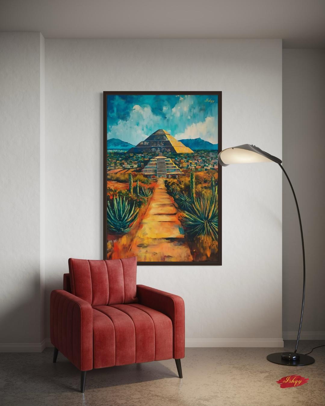 Great Pyramid Of Cholula Painting Canvas Framed Canvas, Mexico Landscape Art Print, Puebla Wall Art, Desert Agave Decor For Living Room