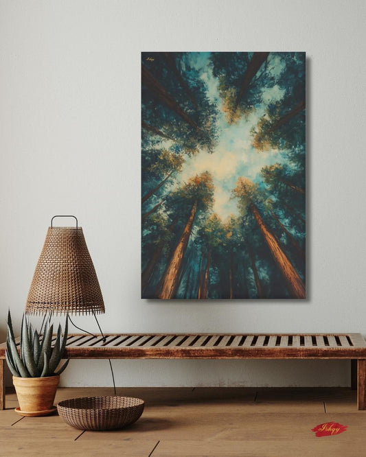 Redwood Forest Canopy Painting, California Nature Landscape Wall Art, Tranquil Tree Perspective Canvas for Living Room, Bedroom, or Office Decor