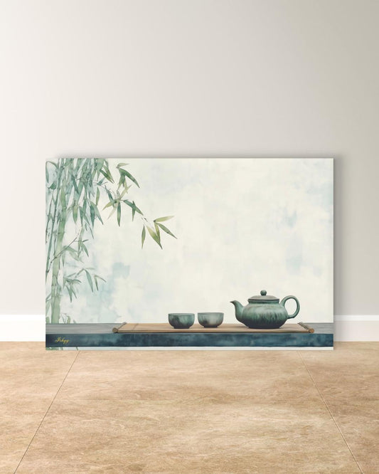 Zen Bamboo Tea Wall Art, Japanese Minimalist Art Print, Asian Tea Ceremony Decor, Framed Canvas Poster, Green Kitchen Wall Decor
